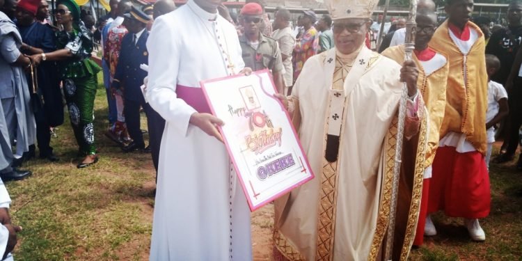 Anglican Bishop on the Niger,Most Rev Dr Owen Nwokolo presents birthday gift to Archbishop Okeke on his 70th birthday
