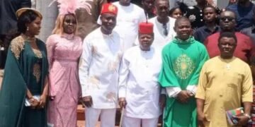 Gov Soludo pays surprising visit at Onitsha Basilica to honour Sir T O Chiegboka on his 91st birthday