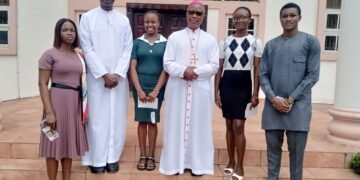 Archbishop Okeke receives fresh graduate beneficiaries of his scholarship scheme on Thank-You -Visit from Veritas University,Abuja