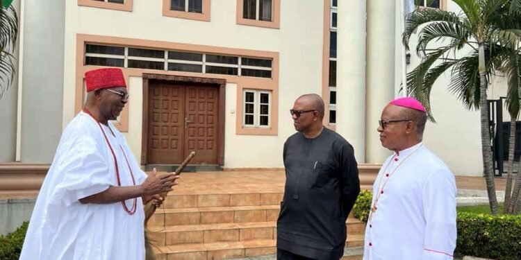 The Archbishop of Onitsha,Most Rev Valerian Okeke recently hosted the traditional ruler of Onitsha,His Majesty,Igwe Alfred Nnaemeka Achebe and the Presidential Candidate of Labour Party in the 2023 general elections Mr Peter Obi.